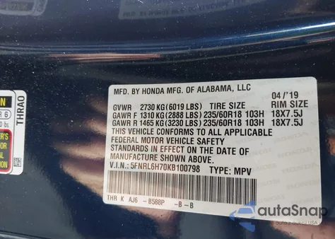 2019 Honda Odyssey Ex-L from USA, damaged, VIN 5FNRL6H70KB100798